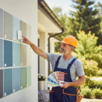 A Shreveport contractor in an orange hard hat holds paint swatches while pointing to color samples on a house exterior.