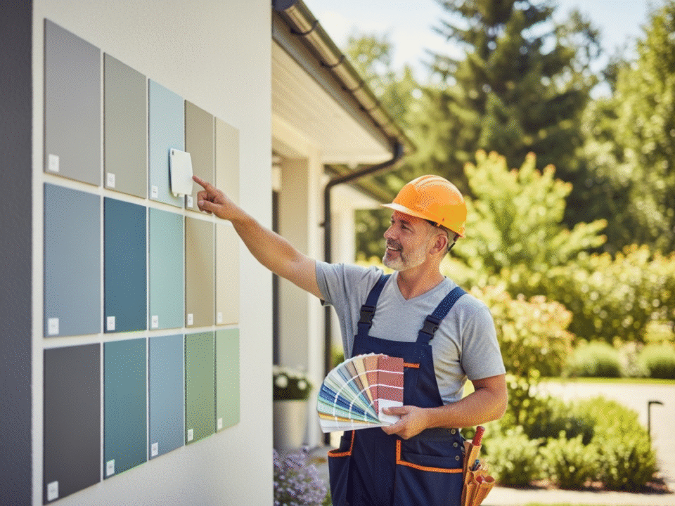 A Shreveport contractor in an orange hard hat holds paint swatches while pointing to color samples on a house exterior.