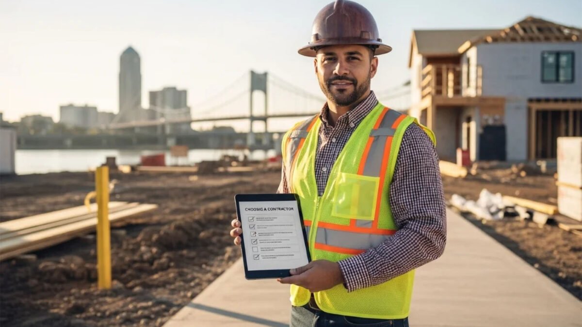 A smiling contractor in a hard hat and safety vest holds a tablet displaying "CHOOSING A CONTRACTOR" at a building site.