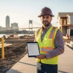A smiling contractor in a hard hat and safety vest holds a tablet displaying "CHOOSING A CONTRACTOR" at a building site.