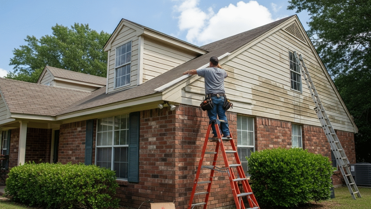 A person on a ladder installs siding on a brick house with tan siding, amidst tools and a sunny sky.