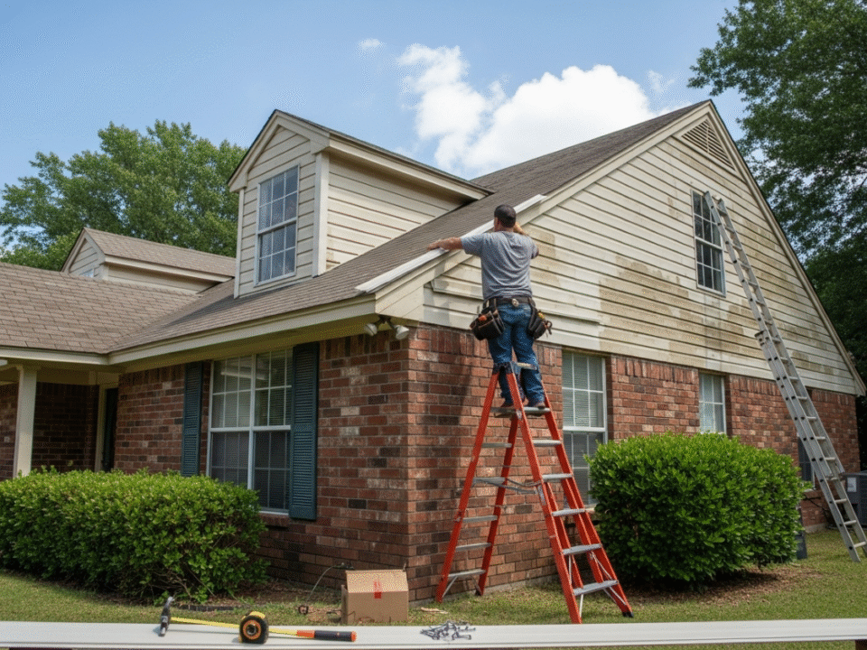 A person on a ladder installs siding on a brick house with tan siding, amidst tools and a sunny sky.