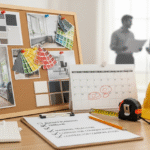 A home remodeling planning desk with a mood board, calendar, hard hat, tape measure, and a checklist.