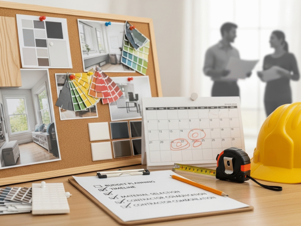 A home remodeling planning desk with a mood board, calendar, hard hat, tape measure, and a checklist.
