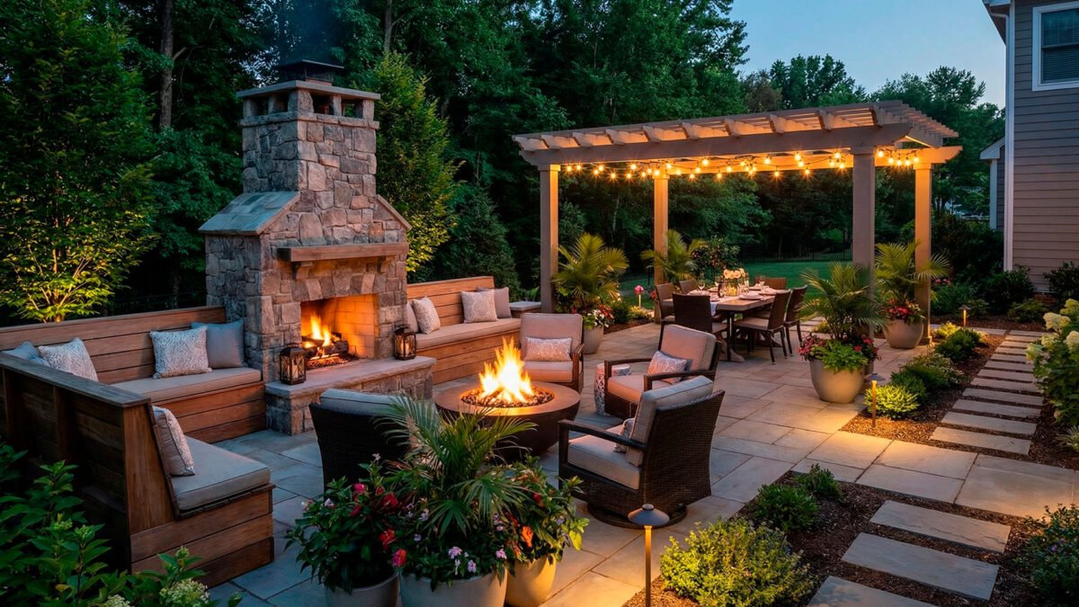 Outdoor living space with fireplace and covered dining area beside