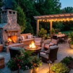 Outdoor living space with fireplace and covered dining area beside