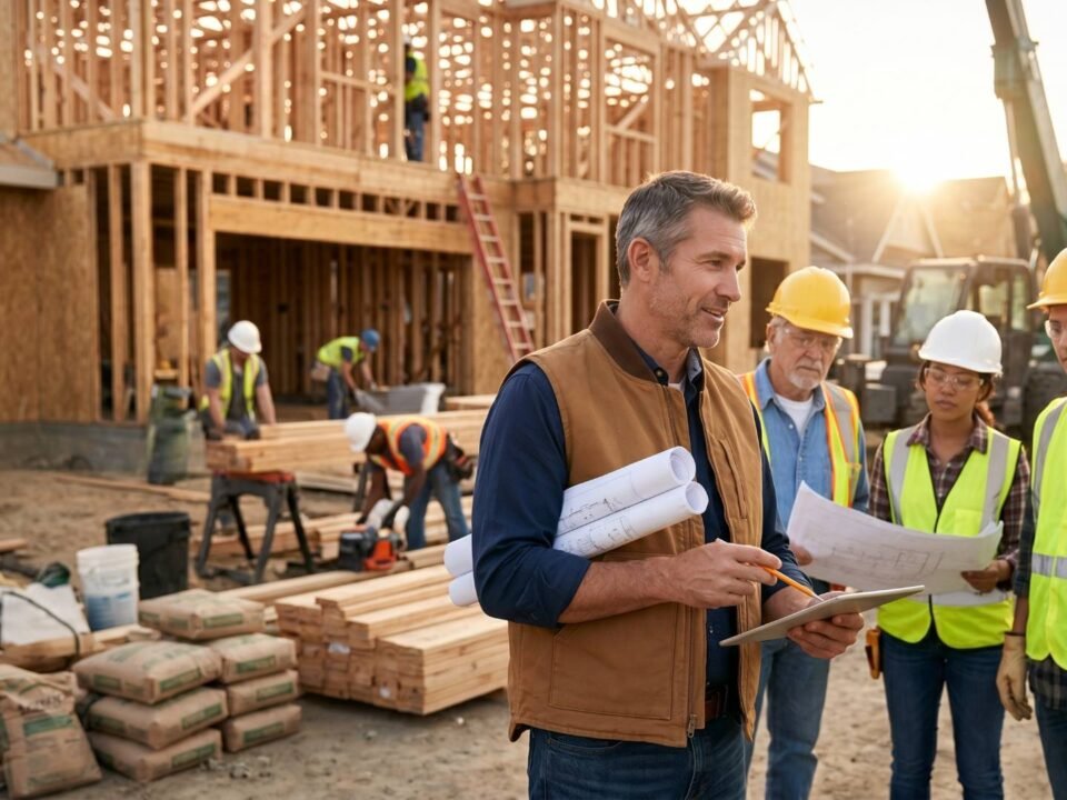 General contractor and workers discussing the project plan