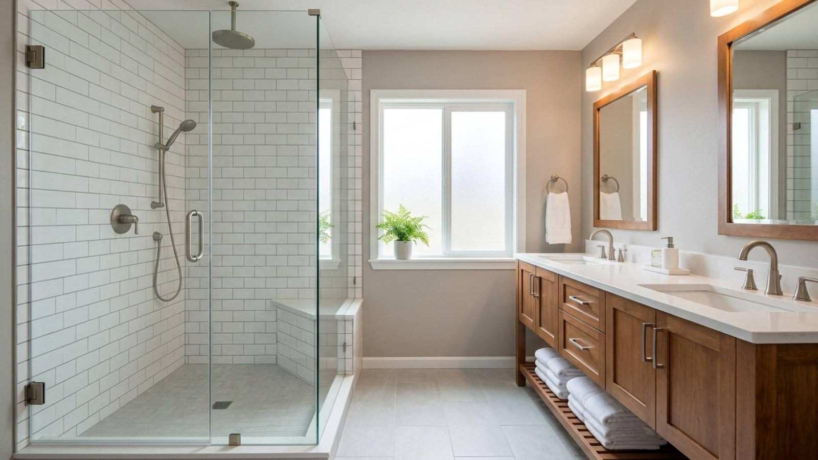 Modern bathroom remodel featuring a spacious frameless glass walk-in shower with white subway tile, a built-in bench, a double wood vanity with quartz countertop, dual sinks, large mirrors, and soft natural light from a frosted window.
