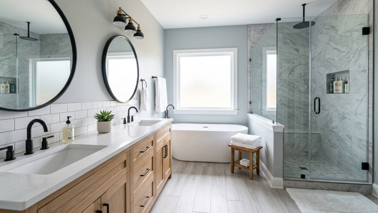 Modern bathroom remodel featuring a double vanity with light wood cabinets, round black-framed mirrors, quartz countertops, a freestanding soaking tub, and a spacious glass-enclosed walk-in shower with marble tile walls and matte black fixtures.