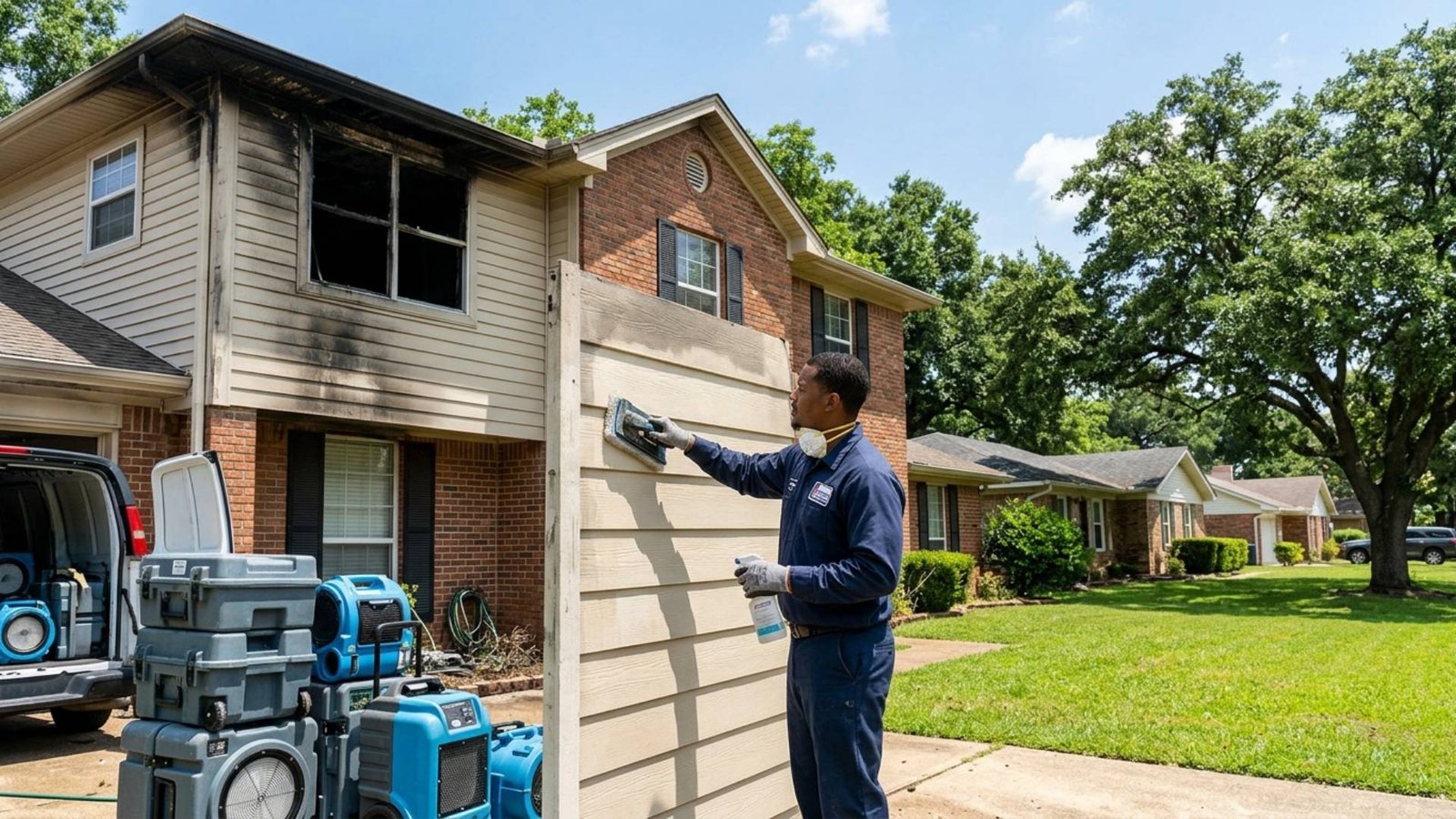 Fire damage restoration technician cleaning soot from exterior siding beside a heavily fire-damaged home, with industrial drying equipment and restoration tools staged outside during the property recovery process.