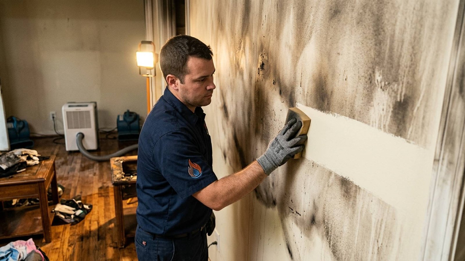 Professional fire damage restoration technician cleaning soot and smoke residue from an interior wall before repainting, with drying equipment and restoration tools visible, demonstrating the fire damage cleanup and surface restoration process.