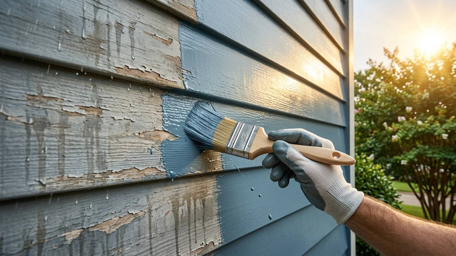 Close-up of a professional painter applying fresh blue exterior paint over weathered, peeling wood siding with a paintbrush, highlighting proper surface restoration and exterior house painting to protect the home from moisture and weather damage.