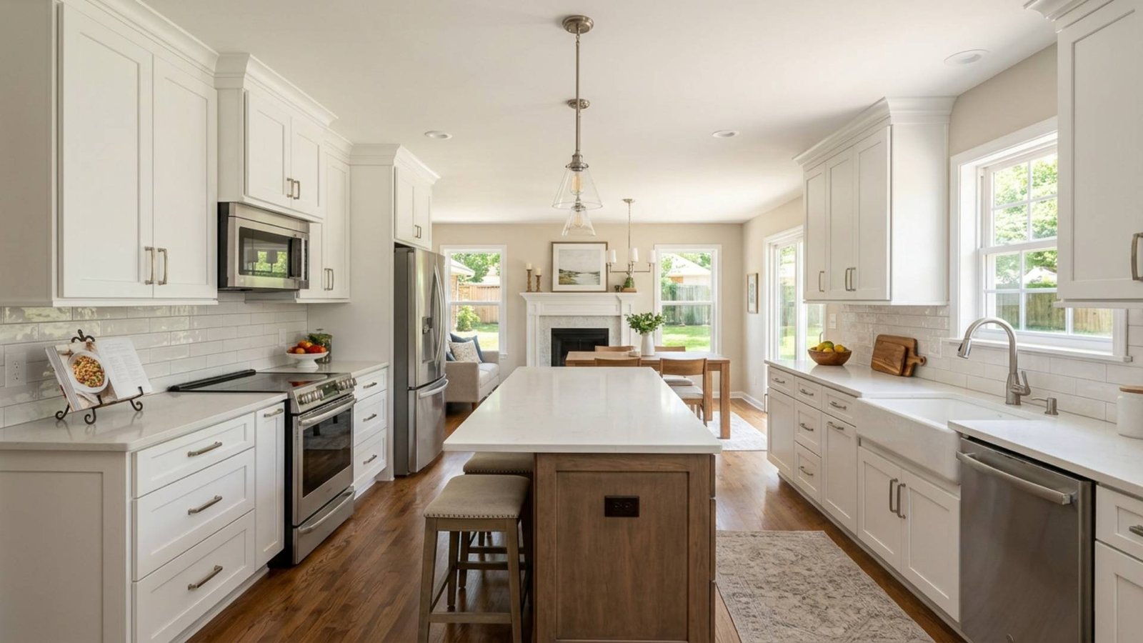 Modern open-concept kitchen remodel featuring white shaker cabinets, a large quartz island with seating, stainless steel appliances, subway tile backsplash, farmhouse sink, hardwood floors, and abundant natural light flowing into the adjoining dining and living areas.