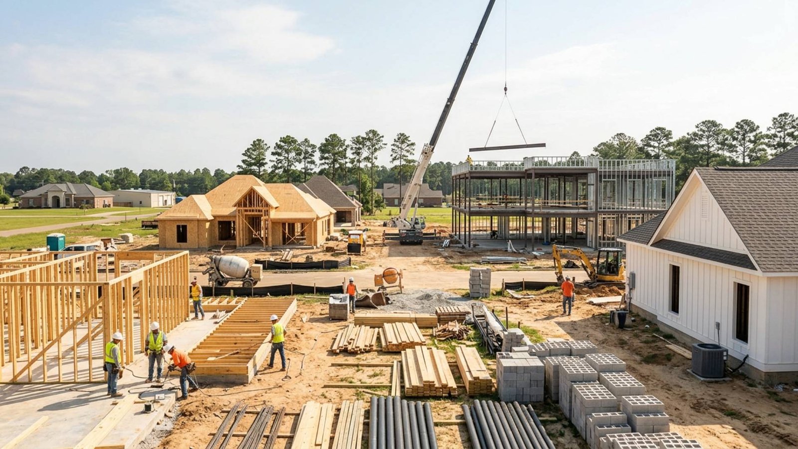 Active residential and commercial construction site featuring home framing, steel building erection, cranes, heavy equipment, construction materials, and crews working on multiple building projects simultaneously.