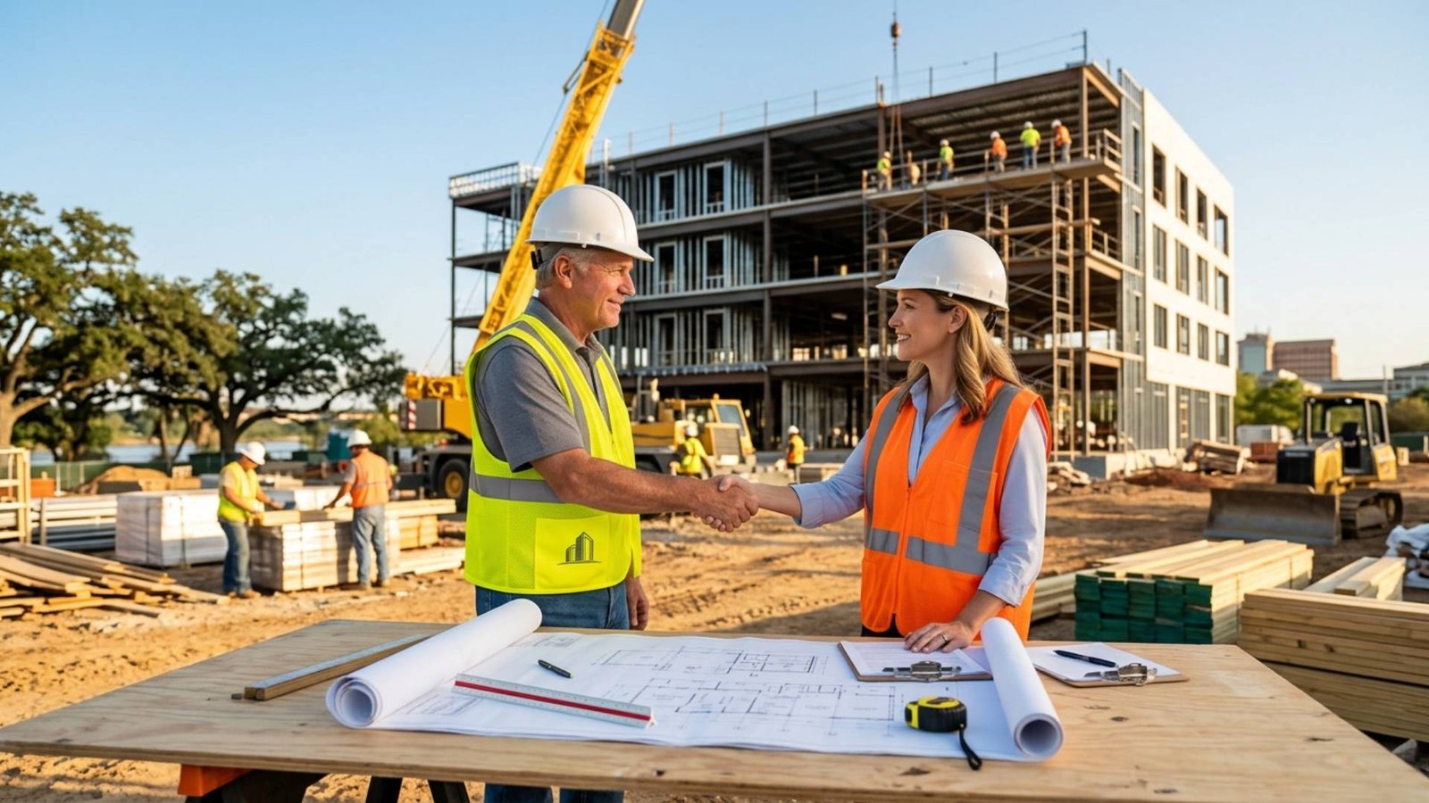 Construction project managers shaking hands at an active commercial building site with blueprints on the table, workers, scaffolding, and a crane in the background, representing successful construction project planning and collaboration.