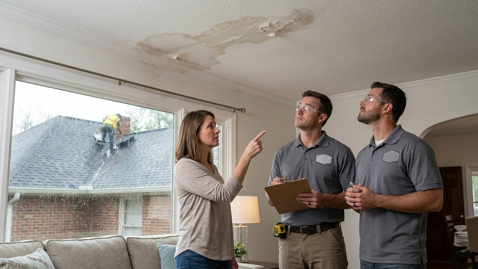 Homeowner discussing a ceiling water leak with roofing professionals as they inspect water-stained, peeling ceiling damage caused by a roof leak, while a roofer works on the roof outside the window to address the source of the problem.