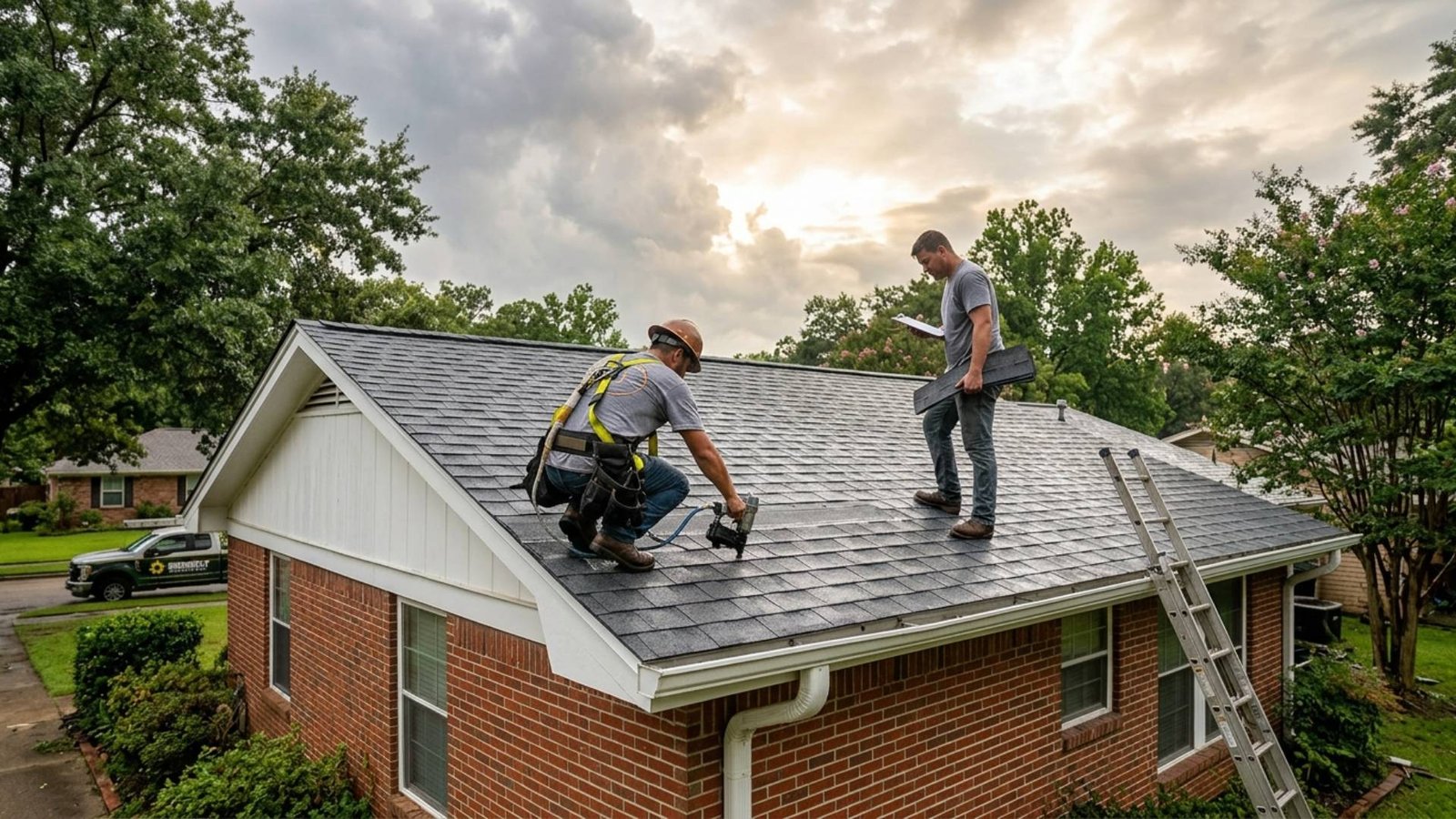 Two professional roofing contractors inspect and repair an asphalt shingle roof on a single-story brick home, with one installing shingles and the other reviewing the project while standing near a ladder in a residential neighborhood.