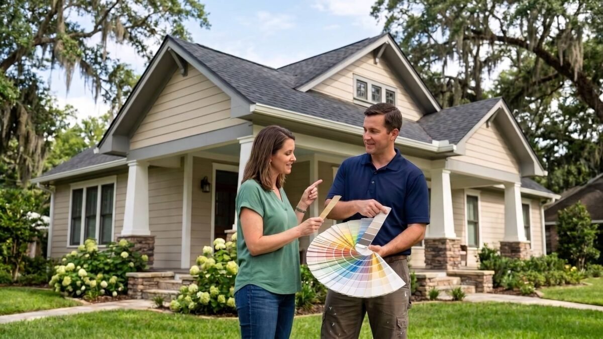 Homeowner and painter comparing exterior paint colors in front of a freshly painted house with a landscaped yard.