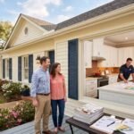 Homeowners reviewing renovation plans with contractors during exterior painting and a kitchen remodeling project.