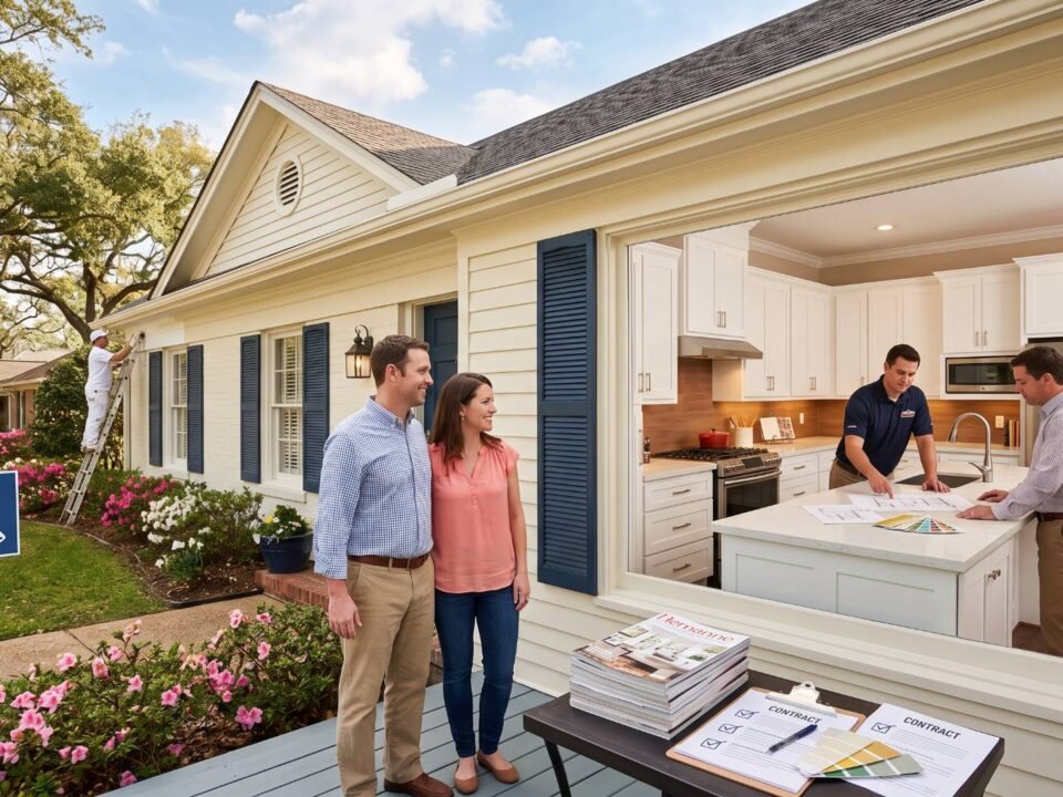 Homeowners reviewing renovation plans with contractors during exterior painting and a kitchen remodeling project.